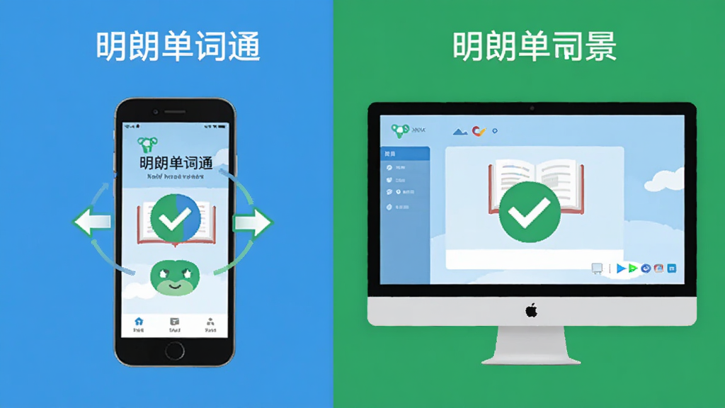 图片主体为“明朗单词通”在手机与电脑上的使用场景对比,左侧是手机竖屏界面,右侧是电脑横屏界面,背景分割为蓝绿两色,布局左右对照,排版直观,扁平化设计,细节包含同步箭头与对勾图标,画质清晰,无多余元素