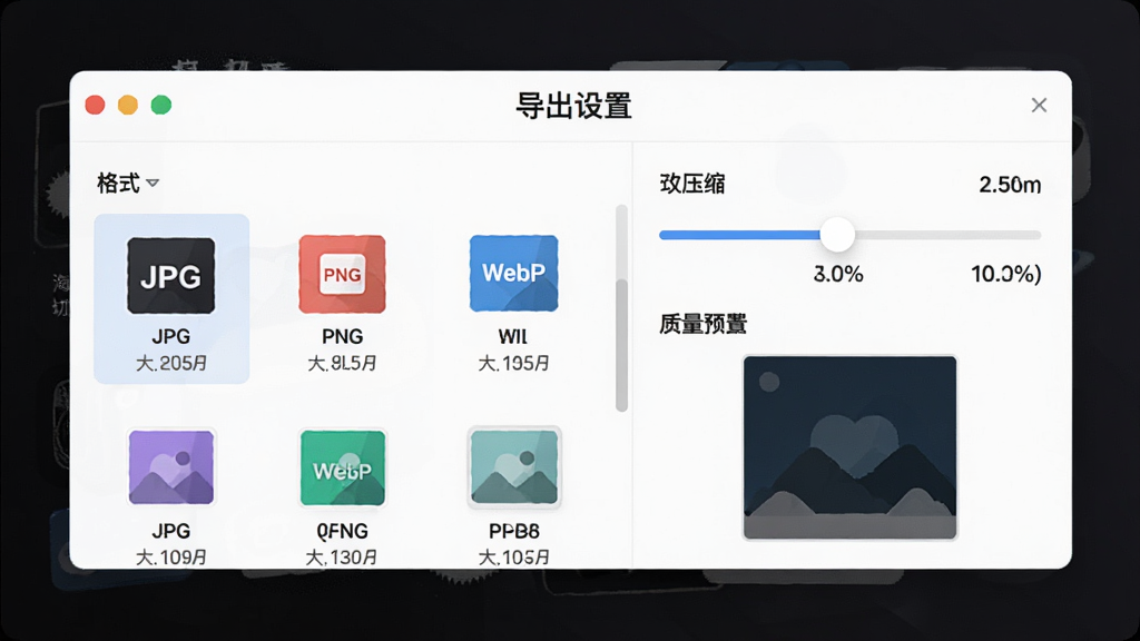 主体为“淘淘切图之星”导出设置面板,界面中罗列了多种图片格式图标,如JPG、PNG、WebP。布局为左右结构,左侧为格式选择列表,右侧为压缩滑块和质量预览图。排版上,面板居中悬浮于深色背景之上,顶部标题“导出设置”。风格为扁平化UI设计,色彩明亮。细节上,每个格式图标下方有文件大小估算值,滑块旁显示优化百分比。画质高清,干净无多余元素。