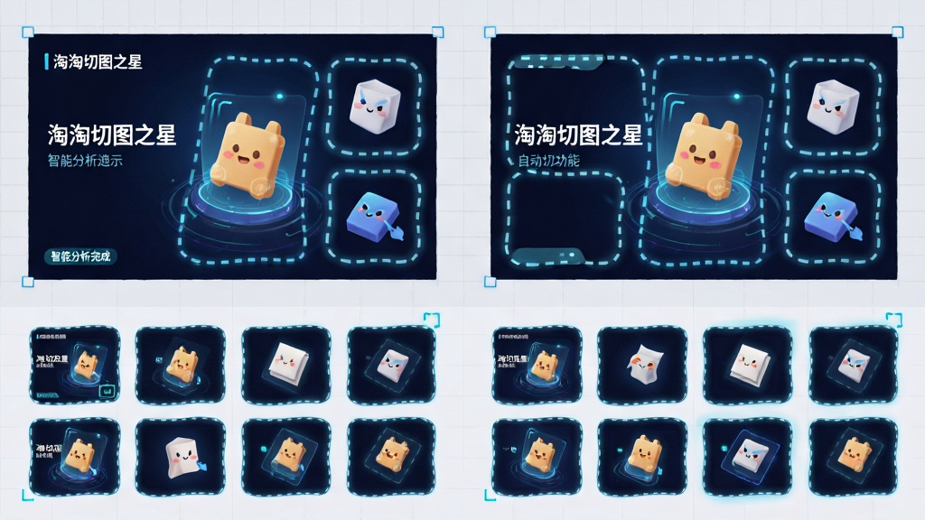 主体为“淘淘切图之星”自动切片功能演示,一张电商海报被智能分割成多个商品区块,每个区块边缘有流动的虚线框。布局为前后对比式,左侧为原始整图,右侧为切片结果图。排版上,上下排列,上方为原图,下方为自动生成的多个小图缩略图。风格为科技感UI插画,背景为淡灰色网格。细节上,切片区域边缘有发光指示线,左下角显示“智能分析完成”字样。画质清晰,干净无多余元素。
