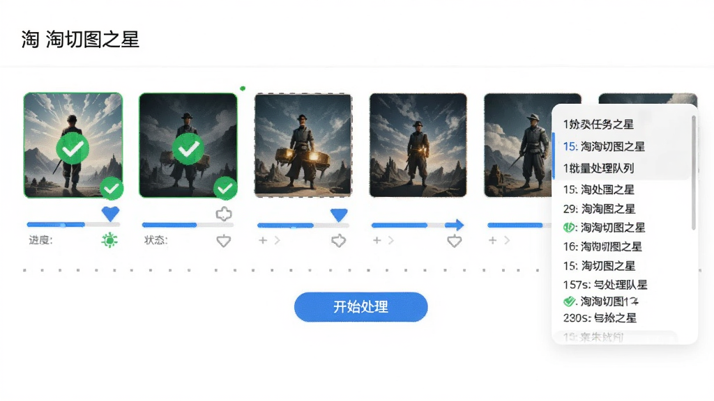 主体为“淘淘切图之星”批量处理队列,多张图片缩略图横向排列在任务栏中,每张图片下方有进度条和状态图标。布局为流水线式,从左到右依次处理。排版上,队列下方有“开始处理”按钮,右侧悬浮任务日志。风格为商务简洁风,背景为纯白。细节上,已完成的任务打上绿色对勾,未完成的显示蓝色箭头。画质干净,无多余元素。
