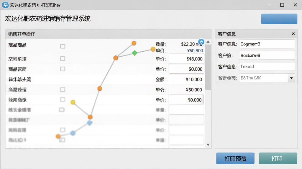 宏达化肥农药进销存管理系统的销售开单操作页面,显示商品条目、数量、单价与总金额,右侧有客户信息栏,底部为打印预览按钮,整体界面采用浅灰色调,布局规整,操作按钮清晰,画质细腻干净