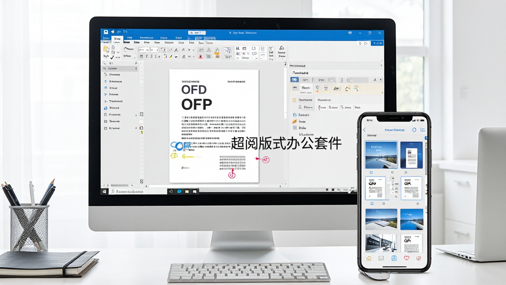 ���壺���İ�ʽ�칫�׼���Windows���������У��Ա߷���һ̨�ֻ���ʾ���ƶ��˽��档���֣�������Ļ��չʾ���������棬�ֻ���Ļչʾ�ƶ��˽��棬�����γɶԱȡ��Ű棺����չʾ�������ں��ֻ���ǰ��ͻ�����豸Эͬ������������������������࣬����������ϸ�ڣ�������Ļ����OFD�ĵ�����ע��ǣ��ֻ���Ļ��������ͼԤ�������ʣ����壬�ɾ����޶���Ԫ�أ�ͼƬ�����ֱ�ע