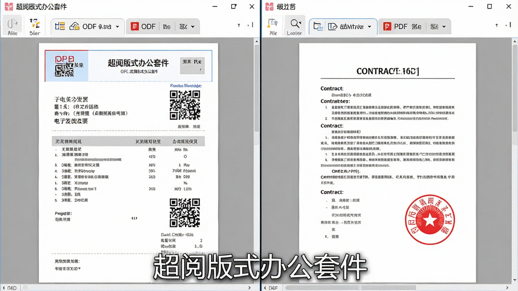 ���壺���İ�ʽ�칫�׼�������ͬʱ��OFD��PDF�����ĵ���ǩҳ�����֣������Ա���ͼ�������ʾOFD��ʽ�ĵ��ӷ�Ʊ���Ҳ���ʾPDF��ʽ�ĺ�ͬ�ļ����Ű棺�����ĵ�ҳ��������У�����չʾ���Եİ�ʽԪ�ء����дʵ�����ͼ���ɫ��������ϸ�ڷḻ��ϸ�ڣ��ĵ����������ɱ棬��Ʊ�ϵĶ�ά��ͺ�ͬ�ϵĺ�ɫӡ����Ŀ�����ʣ����壬�ɾ����޶���Ԫ�أ�ͼƬ�����ֱ�ע