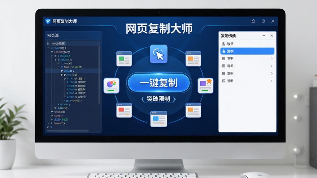 主体:电脑屏幕前展示的“网页复制大师”软件主界面,界面中央有醒目的“一键复制”按钮,周围环绕着各种网页元素图标。布局:左右对称,左侧为网页源码树状图,右侧为复制结果预览。排版:简洁现代,功能按钮有序排列。风格:科技感,蓝色调。细节:屏幕中显示“网页复制大师”字样,按钮下方有“突破限制”的标语。画质:高清,干净,无多余元素。