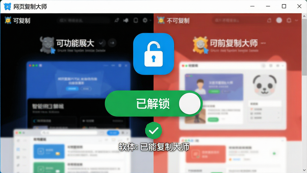 主体:“网页复制大师”软件功能展示界面,包含“智能解锁”开关按钮,背景为对比强烈的可复制与不可复制页面。布局:中心构图,按钮位于视觉焦点。排版:上下结构,上方为功能图标,下方为简短说明。风格:扁平化,亮色系。细节:按钮标注“已解锁”状态,下方有绿色对勾。画质:锐利清晰,无多余元素。