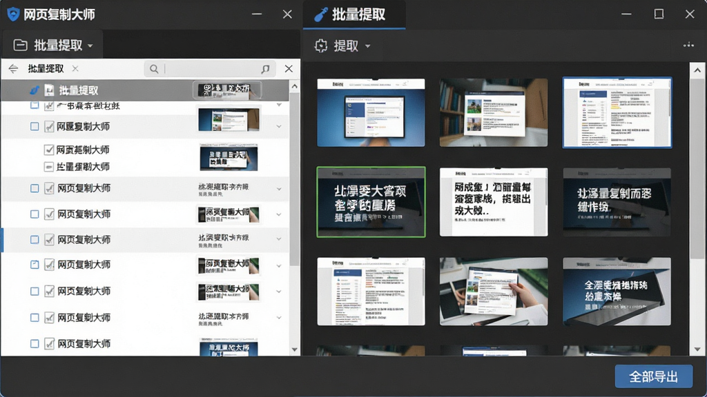 主体:展示“网页复制大师”批量提取功能窗口,左侧为网页列表,右侧为提取出的图片与文字缩略图。布局:列表式布局,两栏设计。排版:信息密集但排列整齐,每项都有预览图。风格:专业工具风,深灰色背景。细节:窗口顶部有“批量提取”标签,底部有“全部导出”按钮。画质:细腻,无多余元素。