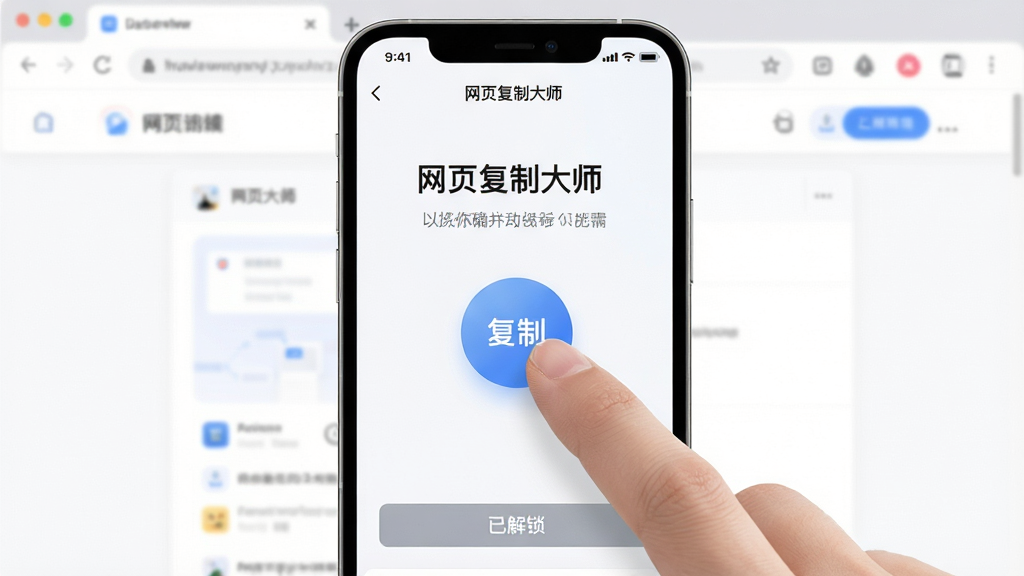 主体:手机屏幕展示“网页复制大师”移动端界面,手指点击悬浮球。布局:手机居中,背景为浏览器页面。排版:简洁操作提示。风格:清爽浅色。细节:悬浮球上有“复制”字样,屏幕底部有“已解锁”提示。画质:高分辨率,干净无多余元素。