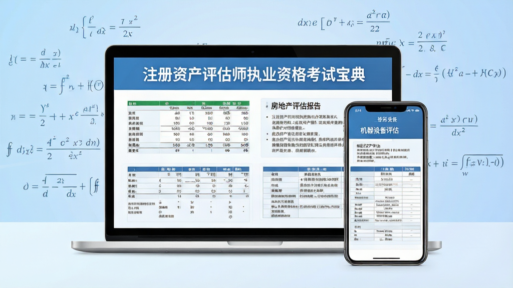主视觉图:前景为笔记本电脑与手机并排显示“注册资产评估师执业资格考试宝典”学习界面,屏幕中呈现资产负债表、房地产评估报告、机器设备评估表格等专业元素,背景为淡蓝色渐变与抽象数学公式,整体风格现代商务,干净明亮,排版居中,高分辨率,无多余文字