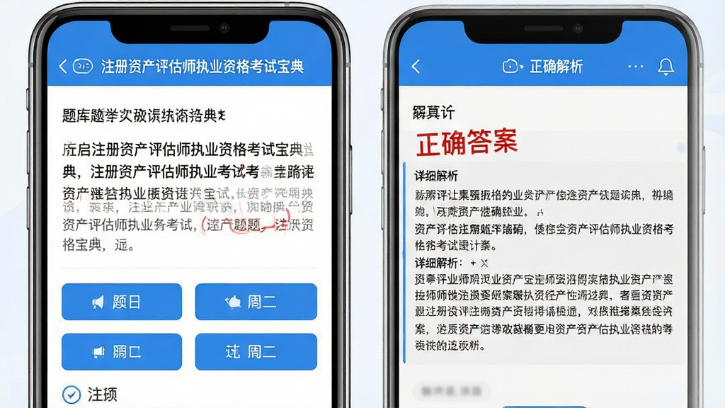 功能预览图:手机屏幕展示“注册资产评估师执业资格考试宝典”题库做题界面,左侧题目文字清晰可见,下方四个选项按钮,右侧红色标记正确答案及详细解析,整体UI简洁,蓝白配色,高清晰度,精致排版,无多余元素