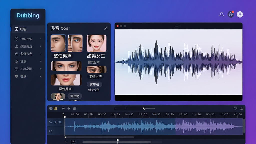���壺Dubbing���������棬չʾ����ɫѡ������벨�α༭�������֣���๦���б����м�Ԥ�����ڡ��ײ�ʱ���᣻�Ű棺�ִ���ƽ������Ϣ�㼶��������񣺿Ƽ������Ͻ��䱳�������������ʾ��Dubbing��Logo��ϸ�ڣ���Ƶ����ϸ�壬��ɫ��ǩ�硰����������������Ů�����ɼ������ʣ�8K���壬�ɾ��޶���Ԫ��