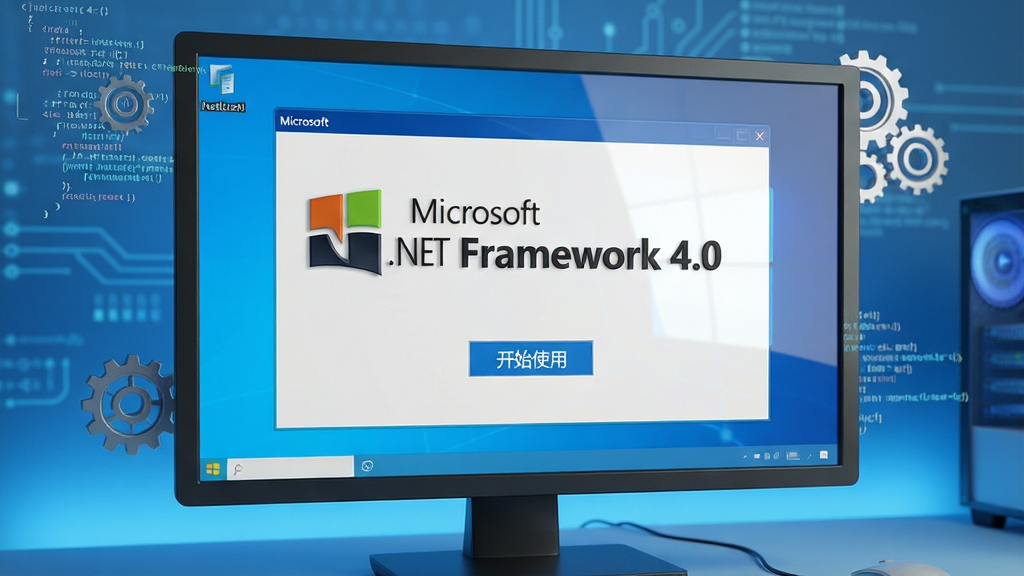 ���壺һ̨�ִ�����Windows������Ļǰ����ʾ�š�Microsoft .NET Framework 4.0����װ��ɵĽ��棬�������������ɫ�Ƽ������档���֣���������ͻ���������ƣ��·��С���ʼʹ�á���ť���Ű棺���������������Ŀ�����дʵ3D��Ⱦ���ϸ�ڣ���Ļ������͹��ߣ���Χ��΢С�Ĵ���ͳ���Ԫ�أ�����ϵͳ��������ʣ����壬�ɾ����޶���Ԫ�ء�