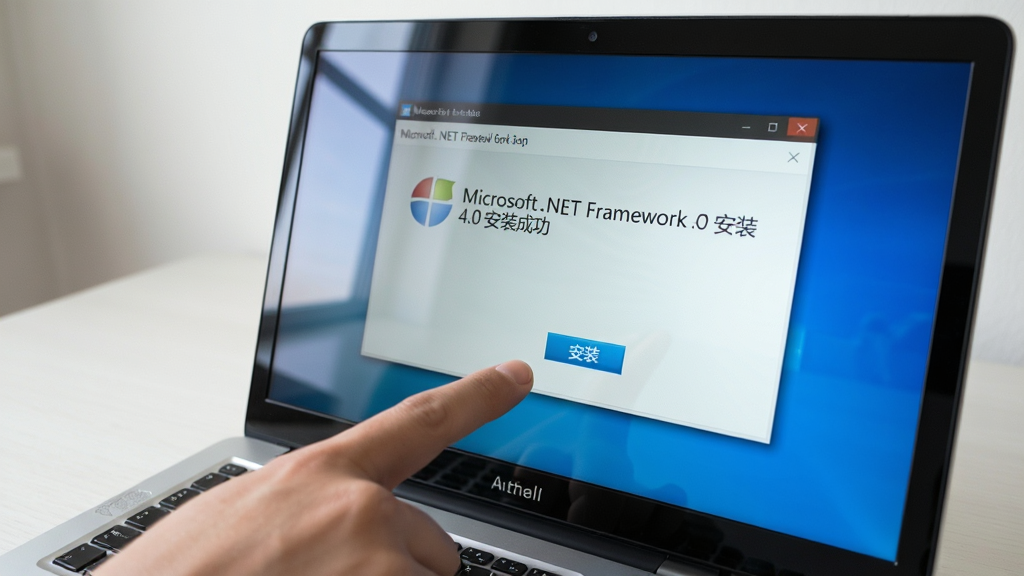 ���壺һ̨�ʼǱ������ԣ���һֻ��ָ�����Ļ�ϵġ���װ����ť����Ļ����ʾ��Microsoft .NET Framework 4.0 ��װ�ɹ��������֣��ʼǱ�����ռ����󲿷֣���ָ��д���Ű棺��װ�������������дʵ��Ӱ���ϸ�ڣ���Ļ�з��⣬�������ࡣ���ʣ����壬�ɾ����޶���Ԫ�ء�