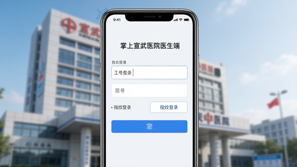 ���壺һ���ֻ���ʾ����������ҽԺҽ���ˡ��ĵ�¼���棬����ΪҽԺ��¥�����֣��ֻ����У������ࡣ�Ű棺��������ԣ���ťΪ��ɫ�������ˬ��רҵ��ϸ�ڣ���Ļ���С����ŵ�¼���͡�ָ�Ƶ�¼��ѡ����ʣ����壬�ɾ����޶���Ԫ�ء�