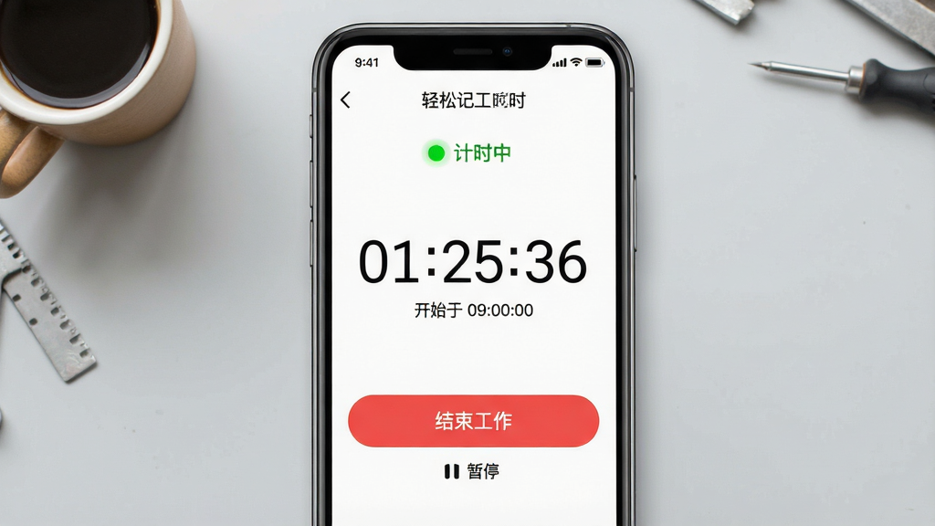 ���壺�ֻ���ͼչʾ�����ɼǹ�ʱ���ļ�ʱҳ�棬ҳ�涥���С���ʱ�С���ɫָʾ�ƣ��м���������ʾ��01:25:36�����ײ��С�������������ɫ��ť�����֣��ֻ���Ļ���У�����Ϊǳ��ɫ����̨�����Ͻ��п��ȱ����ߣ��Ű棺���ֲ��õȿ����壬��ťΪԲ�Ǿ��Σ����дʵ�������ɫ��������ϸ�ڣ������·��С���ʼ�� 09:00:00��С�֣���ť�·��С���ͣ��ͼ�ꣻ���ʣ��������ȣ��ɾ����޶���Ԫ��