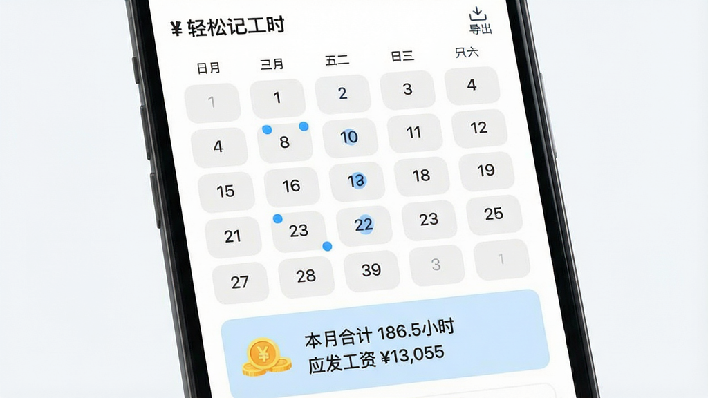 ���壺�ֻ���Ļ��ʾ�����ɼǹ�ʱ���ı���ҳ�棬ҳ����������ʽչʾ����ÿ�칤ʱ������ĳ��������ɫԲ���ǣ��ײ��С����ºϼ� 186.5Сʱ Ӧ������ 13,055�����������֣�����ռ���ϰ������·�Ϊ���ܿ�Ƭ���Ű棺��������ΪԲ�������Σ����ܿ�Ƭ��ɫΪǳ��ɫ�������ˬ��UI��ƣ�ɫ��Э����ϸ�ڣ��������Ͻ��С�������ͼ�꣬��Ƭ�����Ӳ��Сͼ�ꣻ���ʣ����壬�ɾ����޶���Ԫ��