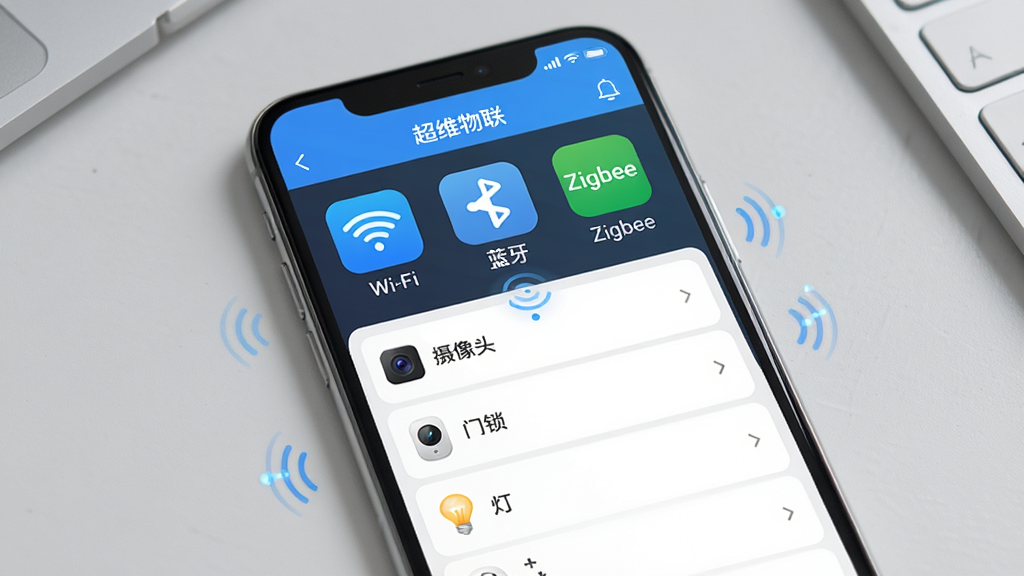 չʾ��ά����APP���豸���ӽ��棬�ֻ���Ļ���г�Wi-Fi��������Zigbee����Э��ͼ�꣬�·���Ӧ����ͷ�����������ݵ��豸�б�������Ϊǳ��ɫ���棬����Ϊ���ҷ������Ű����࣬���дʵ��ϸ�ڰ������Ӷ��������������ɾ����޶���Ԫ�أ����涥����ʾ����ά������