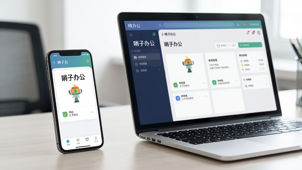 主体:一部智能手机和一台笔记本电脑并排摆放在办公桌上,屏幕均显示哨子办公应用,布局:侧视图角度,画面自然,排版:手机位于左侧,电脑位于右侧,风格:真实生活场景,光线明亮,细节:屏幕中清晰显示“哨子办公”字样及工作界面,画质:高清,干净,无多余元素