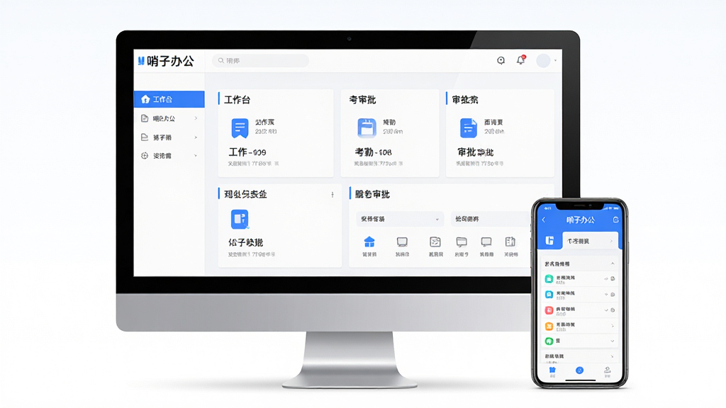 主体:哨子办公软件界面展示,包含电脑屏幕和手机设备,屏幕上显示工作台、考勤、审批等模块,布局:居中构图,电脑与手机并排摆放,画面干净整洁,排版:界面图标清晰,功能分区明确,风格:现代商务风格,色调以蓝色和白色为主,细节:突出“哨子办公”品牌名称,画质:高清,干净,无多余元素