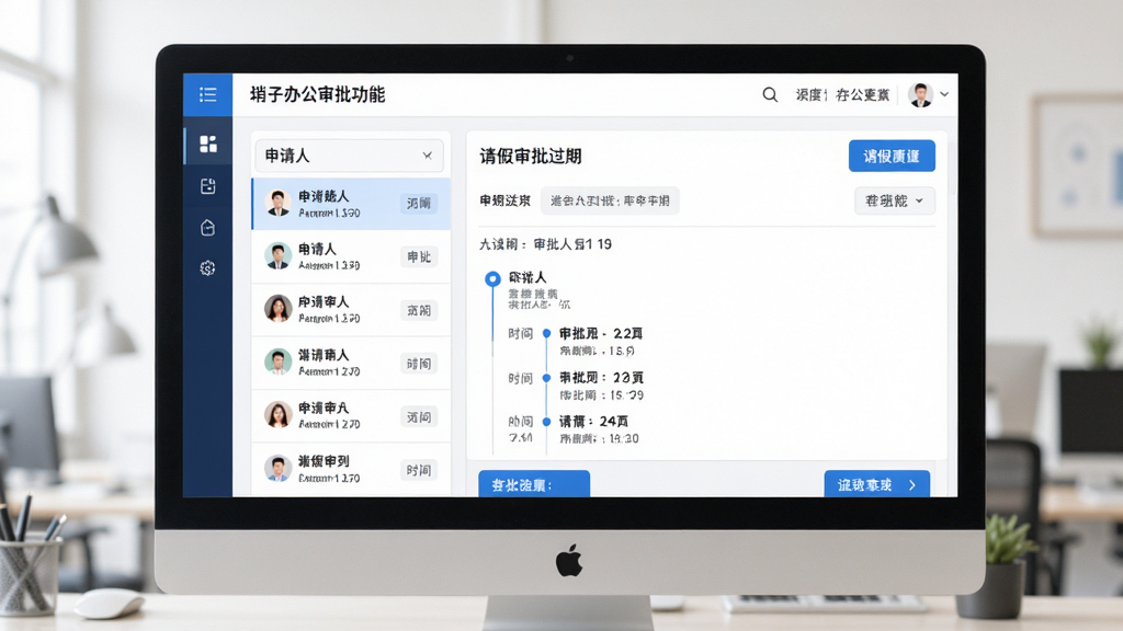 主体:哨子办公审批功能界面,展示一条请假审批的详细页面,布局:电脑屏幕居中,左侧为审批列表,右侧为详情,排版:信息层级分明,操作按钮清晰,风格:商务简洁风格,蓝白色调,细节:显示申请人、审批人、时间线,画质:高清,干净,无多余元素