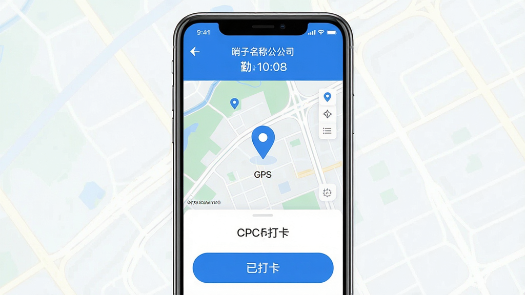 主体:哨子办公移动端考勤打卡界面,显示GPS定位地图和打卡按钮,布局:手机屏幕居中展示,上方显示公司名称和当前时间,排版:界面简洁,按钮醒目,风格:扁平化设计风格,蓝白配色,细节:地图上有定位标记,打卡成功提示“已打卡”,画质:高清,干净,无多余元素