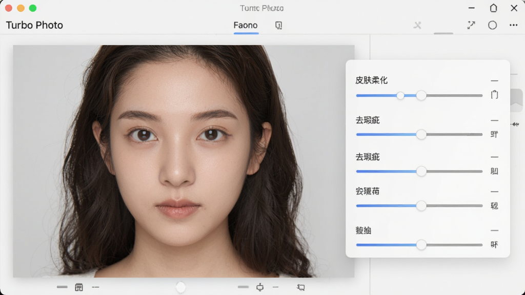 展示Turbo Photo软件人像美容功能的应用界面,界面上有一张人像照片,右侧浮动着皮肤柔化、去瑕疵等调节滑块,界面风格为浅灰色调,现代简洁,画质清晰,无多余元素。