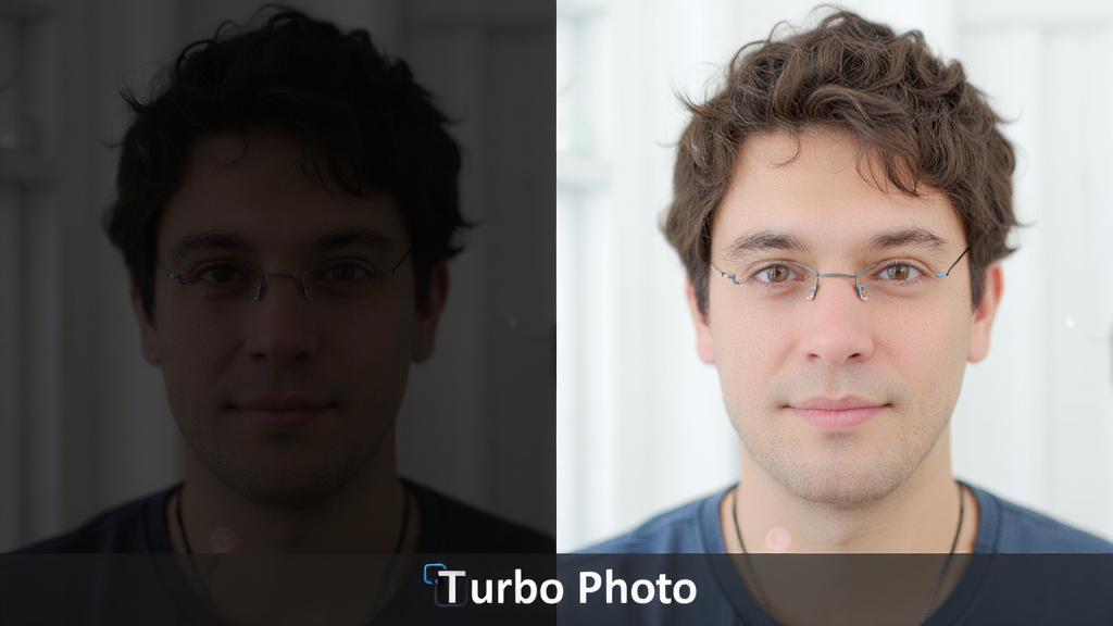 一张对比图,左侧为一张曝光不足、色彩偏暗的原照片,右侧为使用Turbo Photo智能校正功能后,画面明亮、色彩自然的照片,图片下方有Turbo Photo的软件名称水印,排版清晰,画质干净。