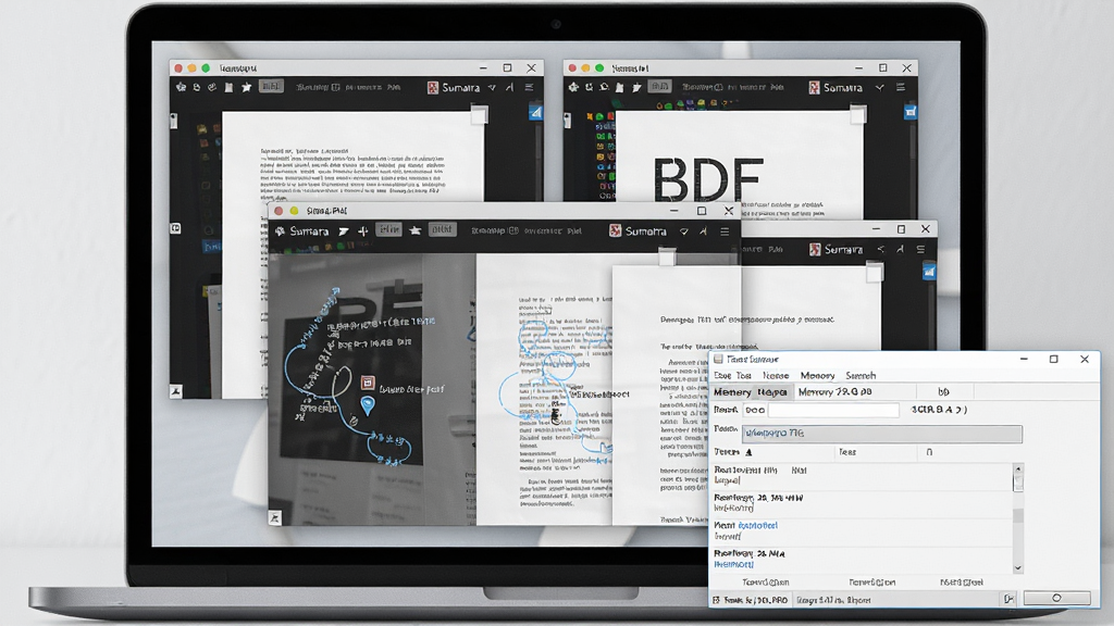 ���壺һ̨�ʼǱ�������Ļ��ͬʱ�򿪶��Sumatra PDF���ڣ�ÿ��������ʾ��ͬ��PDF�ĵ����Ա���һ�����������������ʾ�ڴ�ռ�ü��͡����֣����Ծ��У���Ļ������Ϊ�Ӿ����㣬������������������½ǡ��Ű棺������Ļ�ϵ��ĵ�����ƽ�����У������ڵ������������ɼ������дʵ��Ӱ��񣬹��߾��ȣ����ֿƼ������Ч��ϸ�ڣ�����������е��ڴ�ռ��������Ϊ�հף������л������޿��١����ʣ��߷ֱ��ʣ�ϸ�ڷḻ������ɾ��޶���Ԫ�ء�