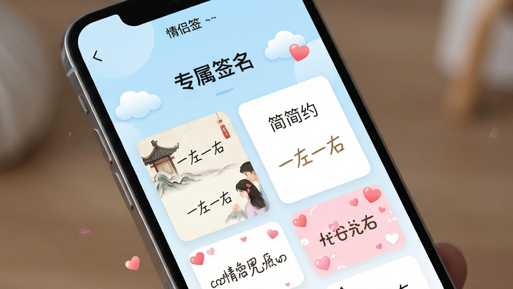 ͼƬ����Ϊһ�������ֻ���Ļ��д����Ļ���ǡ�����ǩ�������ڵ�ǩ���༭���棬չʾ�š�һ��һ�ҡ�������ǩ��ģ��ѡ��ҳ�档�Ϸ��С�ר��ǩ���������������·������Ų�ͬ����˫��ǩ����Ƭ����ŷ硢��Լ���ɰ��硣����Ϊ���ŵ�ǳ��ɫ���䣬�����ƶ��밮��ͼ�Ρ��Ű�Ϊ�����б�ʽ���������������Ϊ�ɾ���UI���չʾͼ��������������Ӱ��ͣ����ʸ��壬�޶���Ԫ�ء�
