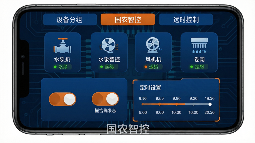 ���壺�ֻ�չʾ��ũ�ǿص�Զ�̿��ƽ��棬����ˮ�á�������������豸ͼ�ꡣ���֣��Ϸ�Ϊ�豸�����ǩ���·�Ϊ���ذ�ť�Ͷ�ʱ������壬����Ϊ��·�����Ű棺�������У����ذ�ťΪ����ʽ��״̬������������񣺹�ҵ���ܷ���������ɫ��׺��ϸ�ڣ��豸ͼ���·�������״ָ̬ʾ�ƣ���ʱ�����ʱ����ѡ�񣬵ײ��С���ũ�ǿء�ˮӡ�����ʣ����壬�ɾ����޶���Ԫ�ء�