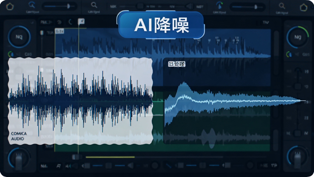 Comica Audio ���ܽ��빦����ʾͼ�����Ϊ���ӻ������Σ��Ҳྭ�������θɾ�ƽ��������Ϊ��Ƶ�༭���棬���С�AI���롱������ǩ�����������ˣ��Ƽ���Ϊ��ɫ���������ʸС�