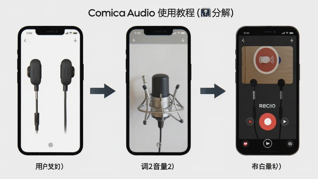 Comica Audio ʹ�ý̳�ʾ��ͼ��չʾ�û������ֻ�¼���Ĳ���ֽ�ͼ�����������������������¼�ư�ť�ȣ��������������м�ͷָʾ������Ϊǳ��ɫ������Լ�ִ������ʸɾ���