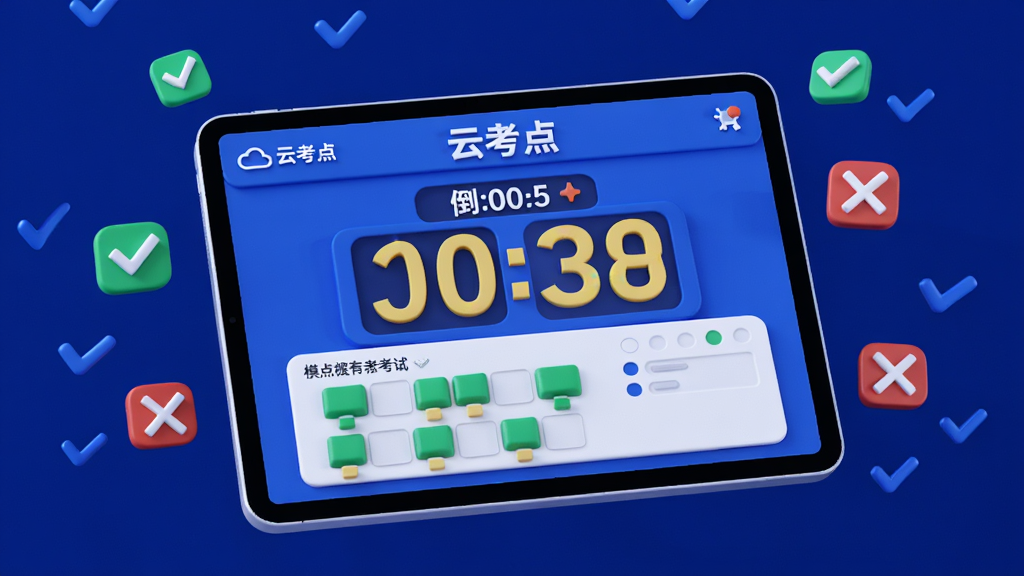 ���壺һ̨ƽ����Ժ�����ʾ���ƿ��㡱ģ�⿼�Խ��棬�������е���ʱ���ʹ��⿨�����֣�ƽ���������������ɫ�������룬��Χ�����ŶԹ��ʹ����Сͼ�ꡣ�Ű棺��������ͻ��������ʱ������Ŀ����񣺿Ƽ���3D�廭���ɫ�ʶԱ�������ϸ�ڣ����⿨�ϲ��ָ��ӱ��̣�����ʱ����ʾʣ��ʱ�䡣���ʣ�������Ⱦ���ɾ����޶���Ԫ�ء�