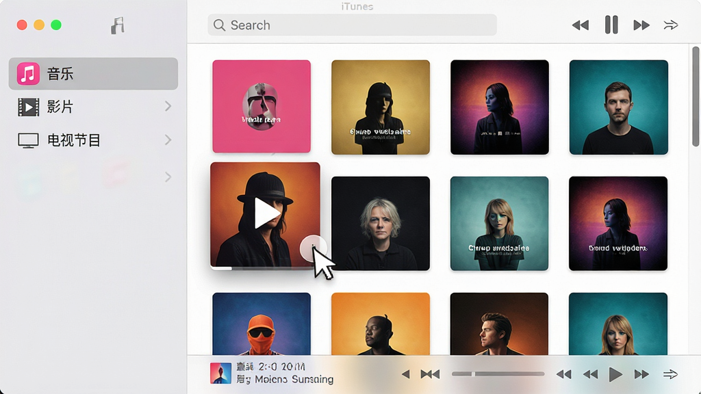 ���壺iTunes ý�����Ͽ���棬��Ļ��չʾר��������ͼ�����֣���������ʾ�����֡�����ӰƬ���������ӽ�Ŀ�����࣬�Ҳ�Ϊ����ǽ���Ű棺�����������У��������������벥�ſ��Ƽ�������ִ���Լ���Ӿ������ǿ��ɫ�ʷḻ��ϸ�ڣ������ͣ��һ��ר������ʾ���Ű�ť���ײ���ʾ����ʱ����������Ϣ�����ʣ����壬�ɾ���