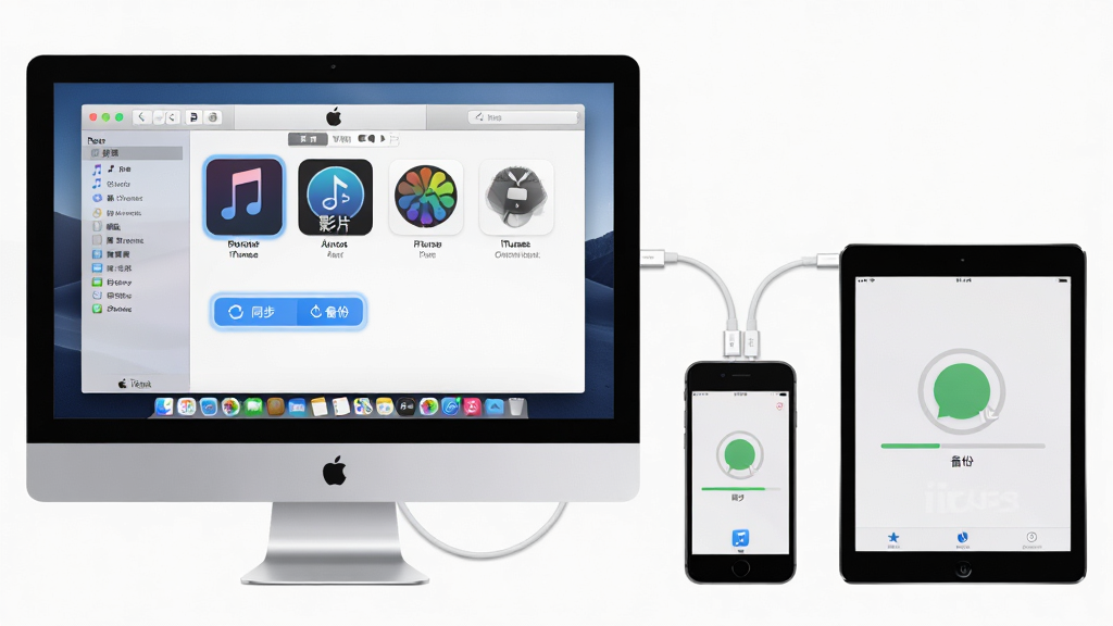 ���壺iTunes ����������ƻ���豸���ӵĳ�����������Ļ��ʾ���������棬�Ա߷��� iPhone �� iPad�����֣����Ծ����豸���ң��м������������ӣ��������ͼ���Ű棺��������չʾ���֡�ӰƬ���豸�����ȷ����ǩ����񣺿Ƽ��С����������ƻ���ٷ�����ͼ���ϸ�ڣ���Ļ�ڸ�����ʾ��ͬ�����롰���ݡ���ť���豸��Ļ������ʾͬ�������������ʣ�8K �����壬�ɾ����޶���Ԫ�ء�