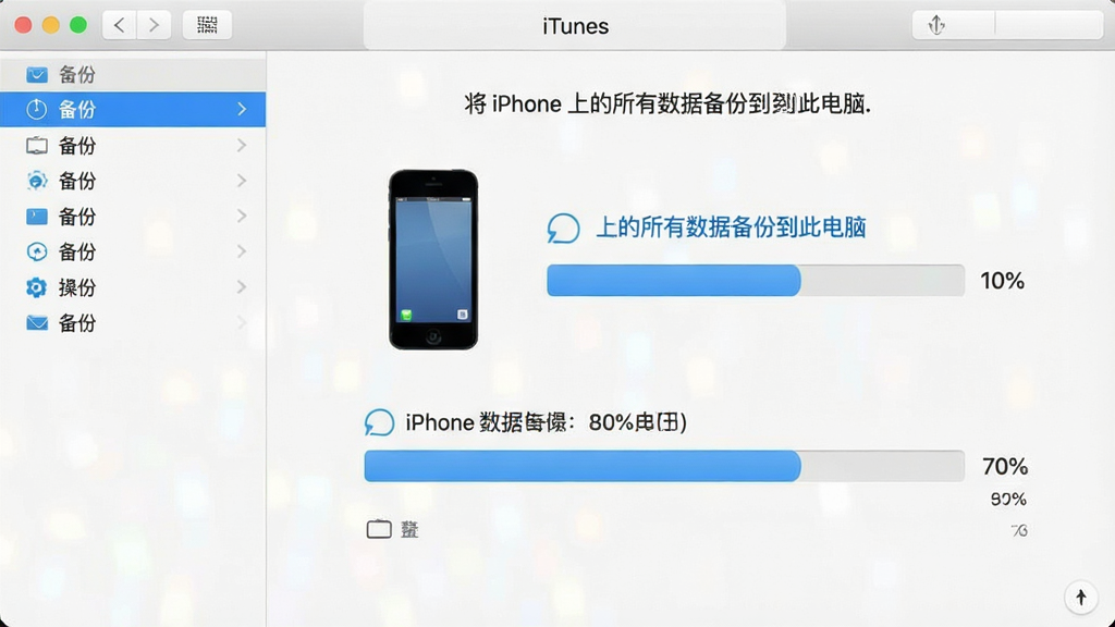 ���壺iTunes ���ݹ��ܲ��������ͼ������б���ʾ�����ݡ�ѡ����֣�������У����� iPhone �豸ͼ������������Ű棺���ܰ�ť�������У����ݽ��������ڼ��ء����UI ��Ʒ�񡢱�ƽ������ɫ��ɫ����ϸ�ڣ�����������ʾ���� iPhone �ϵ��������ݱ��ݵ��˵��ԡ����������ٷֱ������ɼ������ʣ����壬�ɾ����޶���Ԫ�ء�