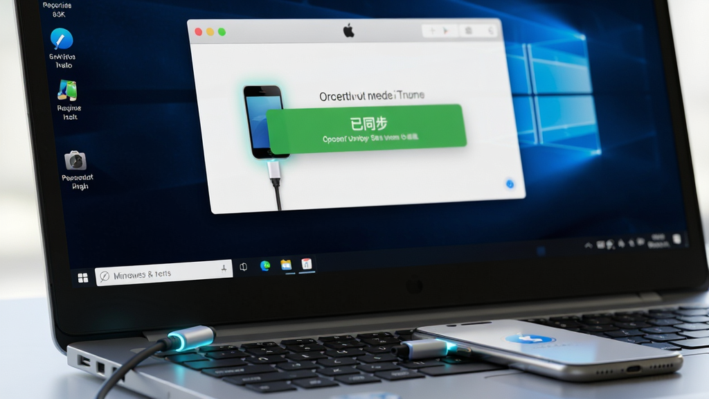 ���壺һ̨ Windows �ʼǱ������� iPhone ͨ�����������ӣ���Ļ��ʾ iTunes ʶ���豸�ɹ��Ľ��档���֣�������Ļ�Ŵ������ʾ���������豸ͼ�������Ű棺��Ļ�ڵ�������ͬ��������ɫ��ʾ��������дʵ�� UI ��ϣ�����ɫ����ϸ�ڣ������߽ӿڴ���΢�⣬�������汳��Ϊ��ɫ��ͻ���������ݡ����ʣ�4K ���壬�ɾ����޶���Ԫ�ء�