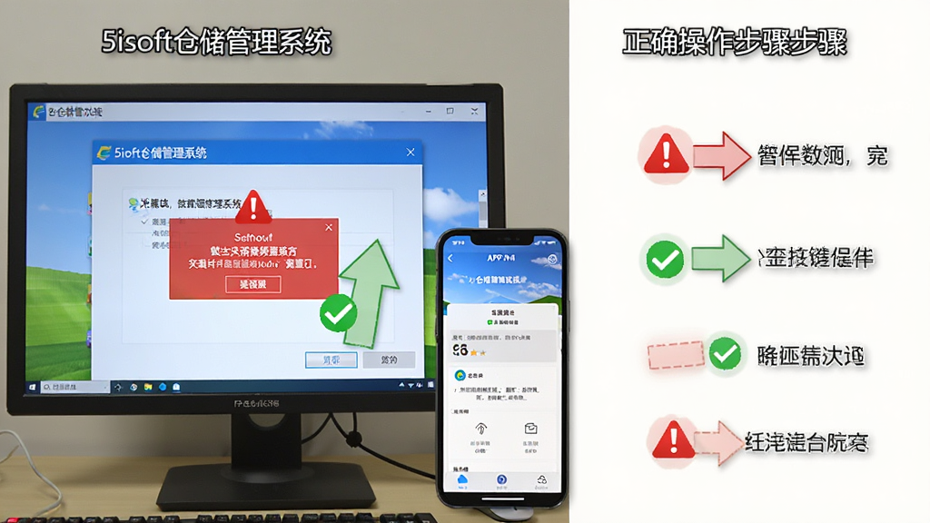 画面主体为电脑屏幕显示“5isoft仓储管理系统”的安装向导与错误提示弹窗,旁边有手机显示APP界面。布局采用分屏对比,左侧为错误截图,右侧为正确操作步骤。风格教学化,细节包含红色警告图标、绿色对勾、箭头标注。画质干净、无多余元素。