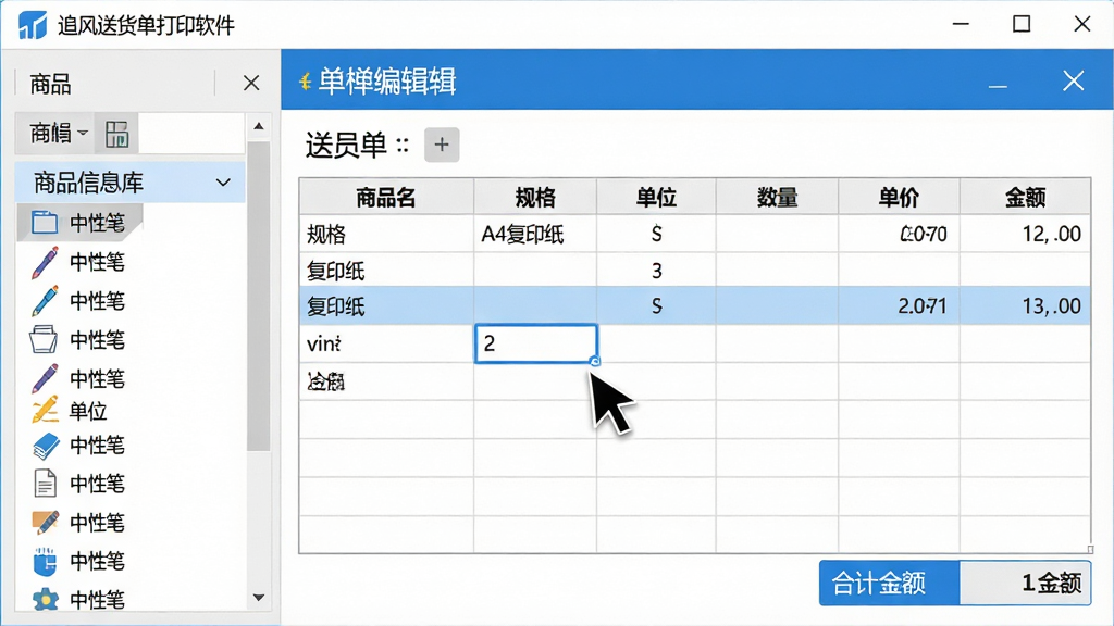 主体:软件功能界面截图风格预览图,中央大特写“追风送货单打印软件”的单据编辑区,光标正操作在数量或金额单元格上。布局:界面左侧是商品信息库,中间是编辑中的送货单表格,底部是合计金额栏。排版:表格行列清晰,商品名称、规格、单位、数量、单价、金额各列对齐。风格:扁平化UI设计风格,蓝白主色调,界面整洁,功能图标一目了然。细节:商品库中列出几项如“中性笔”、“A4复印纸”等,单据表格中有高亮行显示。画质:清晰,色彩明快,无多余元素。