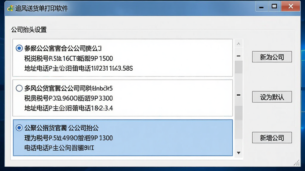 主体:一张软件设置界面风格图片,显示“追风送货单打印软件”的“公司抬头设置”窗口。布局:窗口内列出两到三个不同公司的名称、税号、地址电话等字段,其中一个公司抬头处于选中高亮状态。排版:信息条目垂直排列,右侧为“设为默认”和“新增公司”按钮。风格:简洁的Windows桌面软件界面风格,浅灰色窗口背景。细节:每个抬头信息前有单选框,窗口标题为“多公司管理”,整体感觉商务且规范。画质:高清晰度,界面元素锐利,无多余元素。