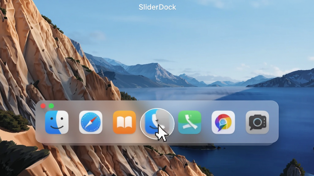 生成一张展示SliderDock软件主界面的高清截图,画面中央是一个悬浮于桌面底部的半透明玻璃质感Dock栏,上面整齐排列着数个彩色应用程序图标,其中一个图标正被鼠标指针悬停并放大,后方桌面背景为一张干净整洁的风景壁纸,整体布局简洁明亮,风格现代,细节清晰,画质干净无多余元素
