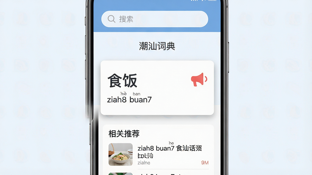 主体:潮汕词典应用内的词条详情页面,显示一个潮汕话词语“食饭”及其拼音“ziah8 buan7”,并配有红色小喇叭图标。布局:手机竖屏界面,上方为搜索栏,中间为词条卡片,下方为相关推荐列表。排版:信息层级分明,词条突出,色彩柔和。风格:扁平化UI设计风格,浅色背景,蓝色主色调,简洁现代。细节:屏幕中显示“潮汕词典”字样,词条卡片有阴影效果,画质清晰,干净,无多余元素。