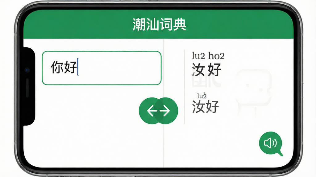 主体:潮汕词典的翻译功能界面,左侧输入框输入“你好”,右侧输出结果显示为“汝好”并标注拼音“lu2 ho2”。布局:手机界面上下分栏,上方为输入区,下方为输出区,中间有双向箭头切换按钮。排版:左右对照清晰,字体大小适中。风格:简洁商务风格,白色背景,绿色点缀,现代感强。细节:屏幕顶部显示“潮汕词典”字样,输出区有发音按钮图标,画质高清,干净,无多余元素。