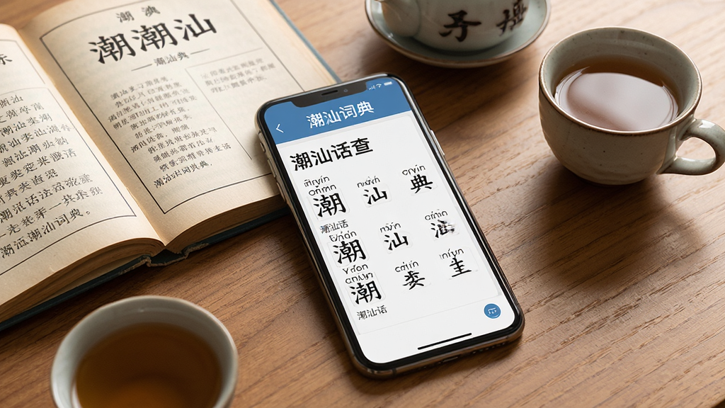主体:潮汕词典软件界面,屏幕上显示潮汕话查询结果和拼音标注,手机平放在桌面上,旁边放着一本打开的纸质潮汕字典和一杯功夫茶。布局:手机屏幕居中,内容清晰可见,周围有茶具和字典作为陪衬,形成学习场景。排版:手机大屏展示,文字内容突出,背景干净。风格:写实摄影风格,自然光线,暖色调,突出传统文化与现代科技的结合。细节:手机屏幕中显示“潮汕词典”字样和具体的潮汕话词条,拼音和汉字清晰,画质高清,干净,无多余元素。
