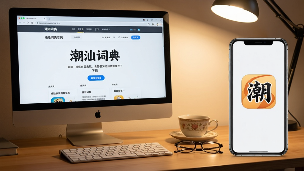 主体:一台电脑和一部手机并排放在书桌上,电脑屏幕显示潮汕词典官网下载页面,手机屏幕显示潮汕词典APP图标。布局:电脑位于左侧,手机位于右侧,中间有茶杯和眼镜。排版:画面平衡,设备屏幕内容清晰可见。风格:写实场景摄影,室内灯光柔和,暖色系。细节:电脑屏幕上有“潮汕词典”字样,手机屏幕显示应用图标,画质干净,无多余元素。