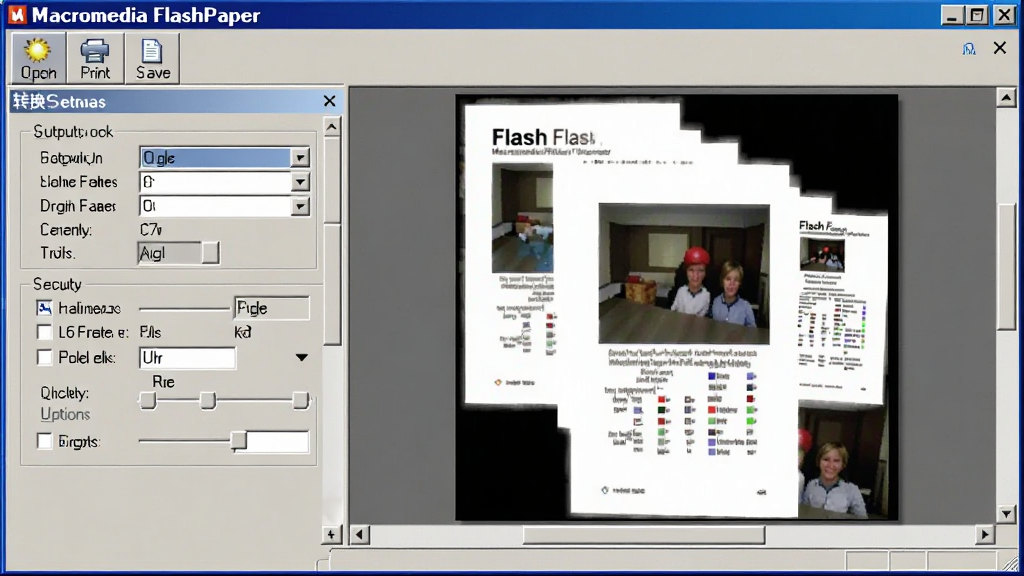 չʾMacromedia FlashPaper���������棬���Ϊת��������壬���������ʽѡ�񡢰�ȫѡ��������ڵ�ѡ��Ҳ�ΪʵʱԤ�����ڣ���ʾһ����ҳ�ĵ���FlashЧ���������������򿪡���ӡ�����水ť������������Windows��������ɫ���ţ�ϸ������������ɾ����룬����Ϊ�������ơ�Macromedia FlashPaper���Ľ����ͼ���