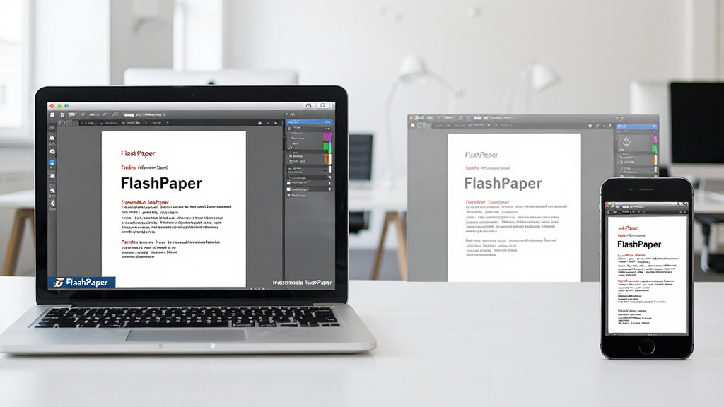 չʾһ̨�ʼǱ�������һ���ֻ����ţ���Ļ�Ϸֱ��FlashPaper���ɵ��ĵ���ǿ�����豸�鿴Ч��������Ϊ���칫������������ɾ�������ϸ�ڰ����������ơ�Macromedia FlashPaper������Ļ���䣬����Ϊ���ҶԳƣ���������������Ԫ�ء�
