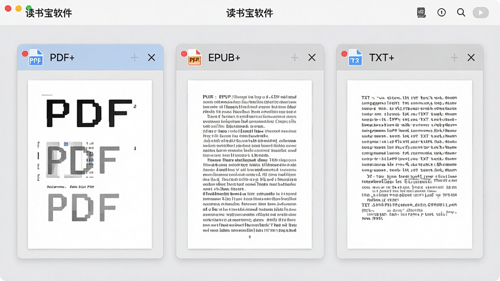 ���壺���鱦�����򿪶��ָ�ʽ������Ľ��棬����PDF��EPUB��TXT�����֣����ָ�ʽ���ĵ�����չʾ��ÿ�������в�ͬ�Ű棻�Ű棺PDF��ʾԭʼҳ�棬EPUB��ʾ�������֣�TXT��ʾ���ı�����񣺶Ա����������ָ�ʽ�����ԣ�ϸ�ڣ�ÿ�����ڱ�������ʾ�ļ���ʽͼ�꣬����ɫǳ�ң����ʣ����壬�ɾ����޶���Ԫ�ء�