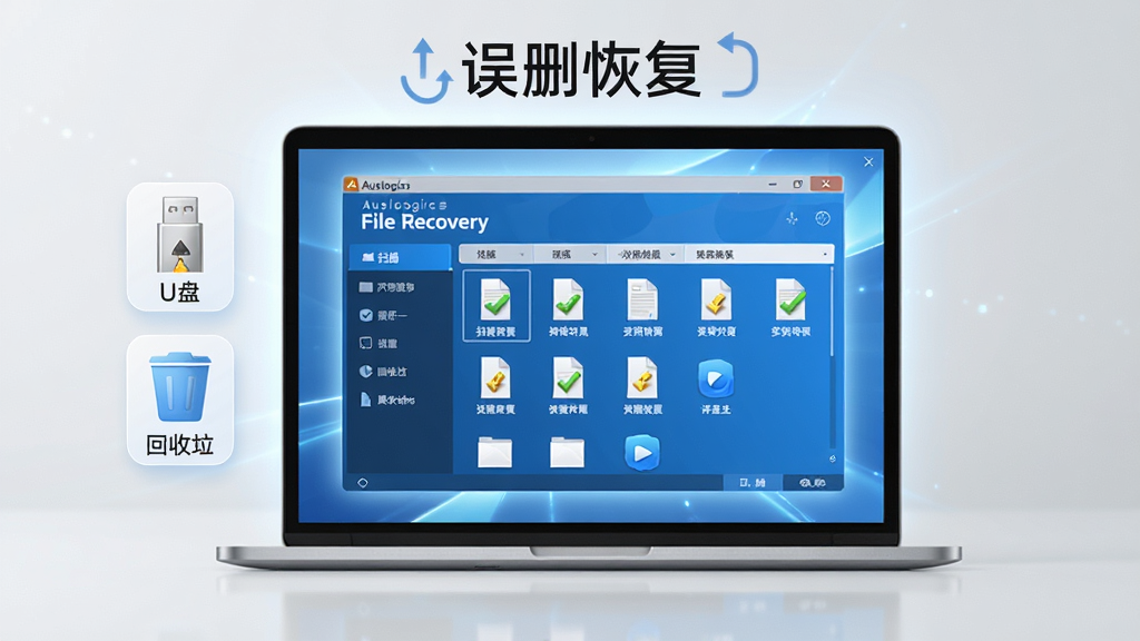дʵ����Ʒ����ͼ������Ϊ�ʼǱ�������Ļ��ʾ Auslogics File Recovery ��������ɫ�����棬����������ɨ������ļ��б�����ͼ�����ֲ��õ��Ծ��С���Ļ���⣬��������š�U�̡��͡�����վ��ͼ�ꡣ�Ű�ɾ���ͻ������ɾ�ָ������⡣����ִ��Ƽ��У�ϸ�ڳ����������ơ�Auslogics File Recovery���ڴ��ڱ����������ʸ���8K���ɾ��޶���Ԫ�ء�