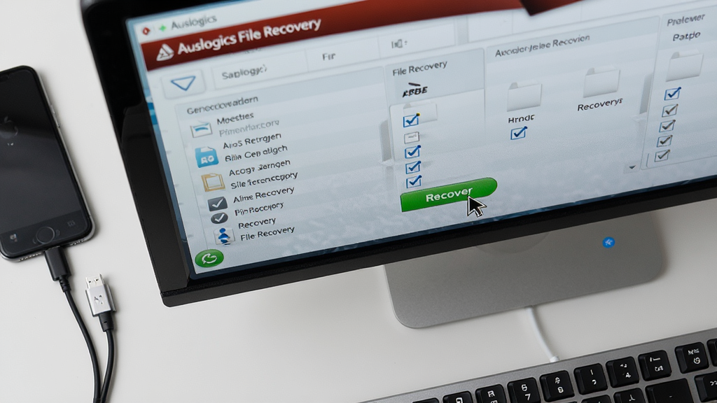 ʵ��������̳���ͼ������Ϊ������Ļ��ʾ Auslogics File Recovery �������棬���ָ����ͣ����ɫ��Recover����ť�ϡ�����Ϊ�������㣬���̱�Ե��΢�뾵���Ű����࣬������ֻ����� U �̵���������Ϊ��׺�����дʵ��ϸ��ǿ����Ļ���ļ��б��Ĺ�ѡ״̬�����ʼ�������������Ϊ��ɫ���棬�ɾ��޶���Ԫ�ء�