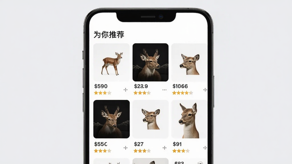 ���һ��չʾ¹��ѡ�����Ƽ����ܵĽ����ͼ������Ϊ����ɫ��ǰ�����ֻ���Ļ����Ļ����ʾ�����Ʒ���ٲ�����ʽ���У�ÿ����Ʒ�·���ע�۸������֣������С�Ϊ���Ƽ���������UI����Լ����������ϸ�壬�޶���Ԫ��